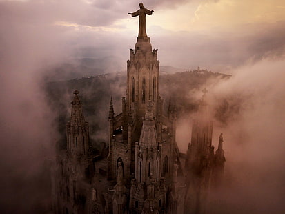 gray concrete cathedral, architecture, city, building, statue, Jesus Christ, cathedral, clouds, mist, hills, church, Barcelona, Spain, bird's eye view, tower, HD wallpaper HD wallpaper