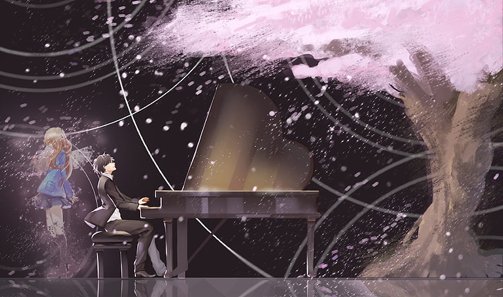 mężczyzna grający na pianinie w pobliżu malowania drzewa wiśni, anime dziewczyny, grafika, Shigatsu wa Kimi no Uso, Arima Kousei, fortepian, skrzypce, manga, drzewa, wietrznie, Tapety HD