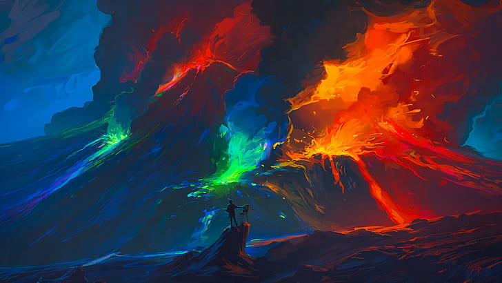 Colourfull, digital art, Lava, painting, smoke, volcano, HD wallpaper