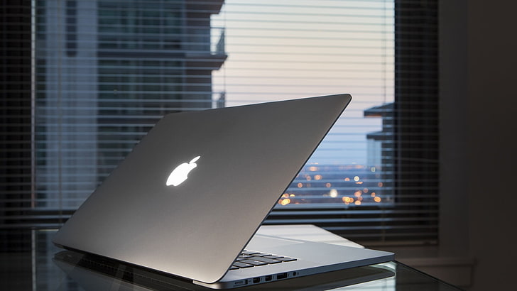 srebrny MacBook, Apple Inc., MacBook, technologia, komputer, laptop, logo, okno, Tapety HD