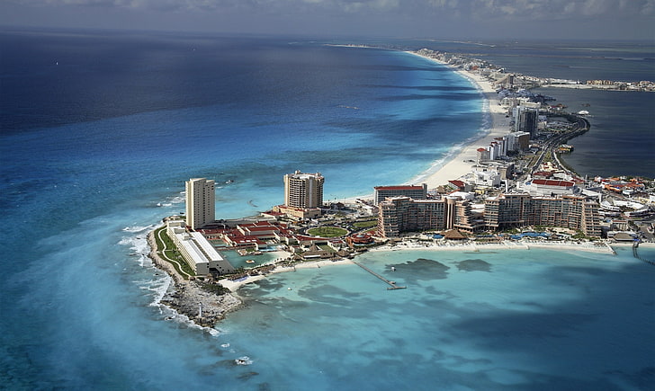 aerial photo of city near sea, mexico, ocean, water, home, beach, sky, HD wallpaper