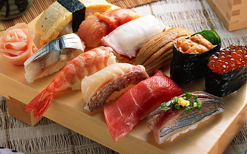 сырые суши, роллы, суши, мясо, рыба, HD обои HD wallpaper