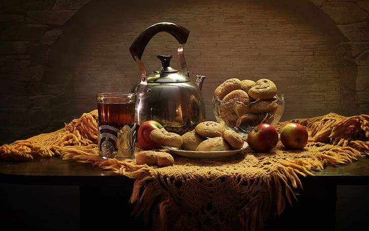 glass, table, tea, apples, kettle, cookies, plate, bread, still life, cakes, HD wallpaper