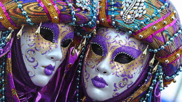 紫と白の2つのパーティーマスク、マルディグラ、春の集会、人々のキリスト教、カーニバルマスク、ビーズのクローズアップ画像、 HDデスクトップの壁紙