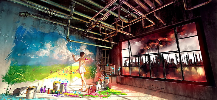 woman painting wallpaper, Yuu, Yuumei, pipes, room, industrial city, painters, contrast, colorful, painting, cityscape, clouds, HD wallpaper