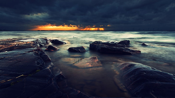 yellow sun rays, photo of boulders near sea, landscape, sea, sky, nature, clouds, HD wallpaper