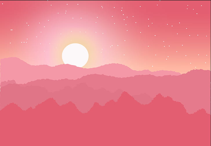 солнце, горы, горизонт, звезды, розовый, вектор, HD обои