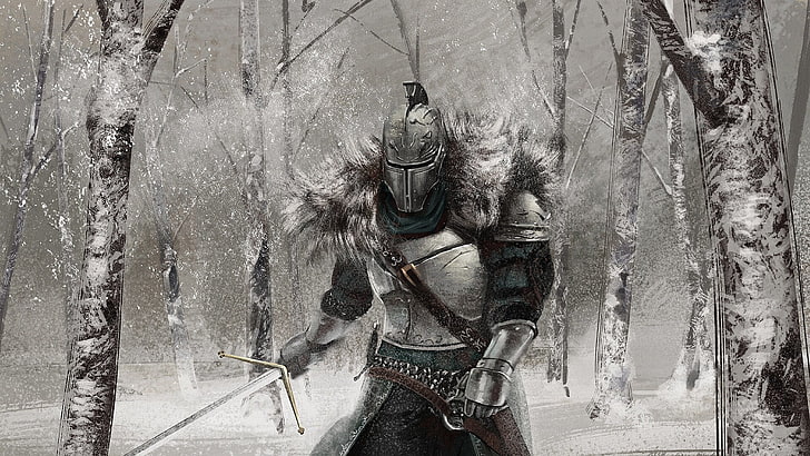 pintura de samurai al lado de los árboles, Dark Souls II, bosque, videojuegos, armadura, espada, piel, nieve, Dark Souls, Fondo de pantalla HD