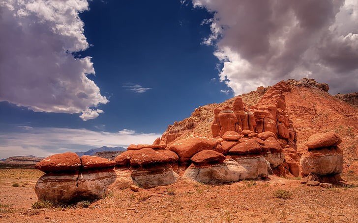 brown rock formation, desert, stones, sky, clouds, HD wallpaper
