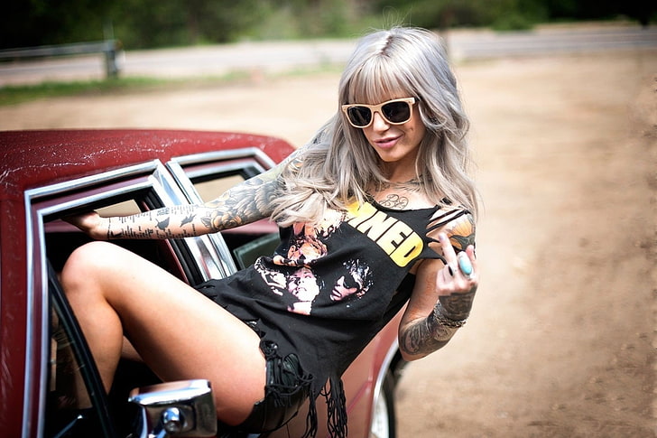 women, dyed hair, jean shorts, leaning, tattoo, sunglasses, middle finger, women outdoors, red cars, car, The Damned, punk, punk rock, Damned Damned Damned, album covers, punks, HD wallpaper