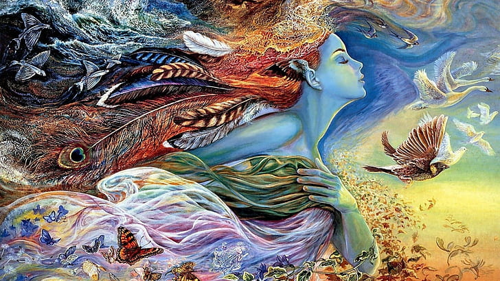the sky, flight, butterfly, flowers, birds, surrealism, elf, wings, picture, feathers, the air, painting, Josephine Wall, female image, fantasy world, The spirit of flight, HD wallpaper
