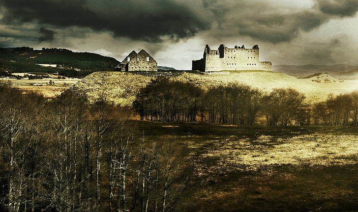 темнота, руины, замок, небо, пейзаж, Шотландия, HD обои