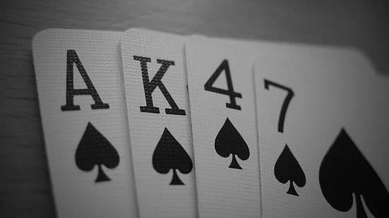 four Ace, King, 4, and 7 of spade playing cards, AK-47, playing cards, HD wallpaper HD wallpaper