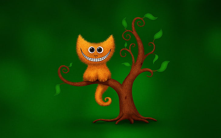оранжева котка кацане дърво илюстрация, котка, зелен, усмивка, дърво, хумор, Чешир котка, HD тапет