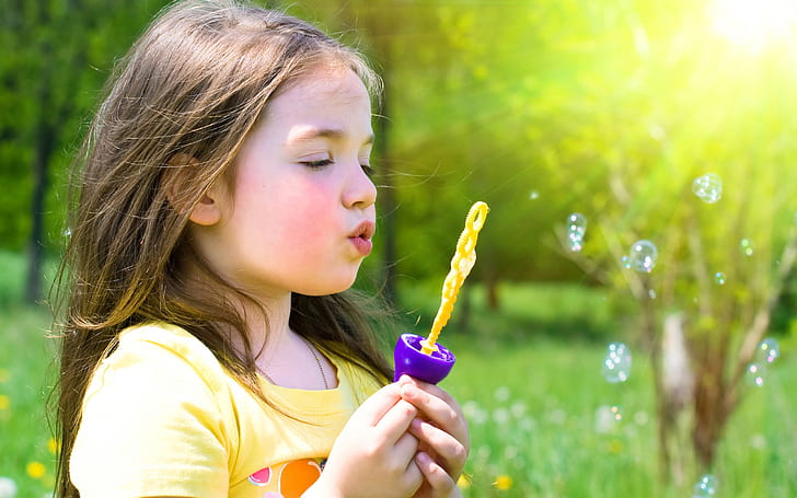 child, girl, bubbles, grass, hobby, breathing, HD wallpaper