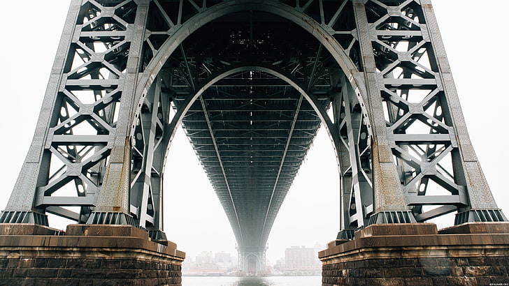 szary most, architektura, most, Nowy Jork, Brooklyn, rzeka, Hudson, cegły, metal, łuk, mgła, budynek, pejzaż miejski, Tapety HD