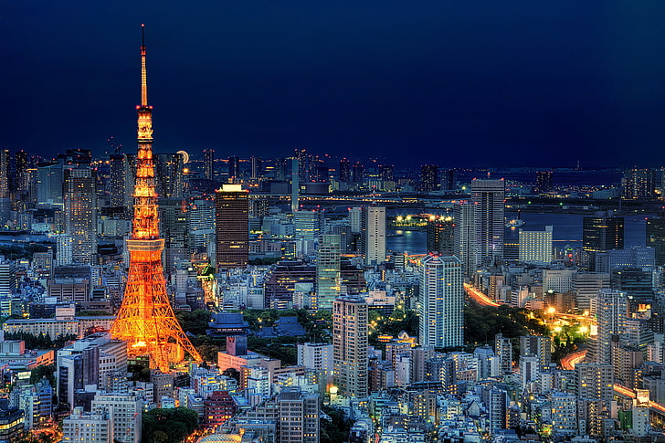 аэрофотосъемка города, небо, ночь, огни, здания, башни, дома, небоскребы, Япония, освещение, Токио, синий, мегаполис, столица, HD обои