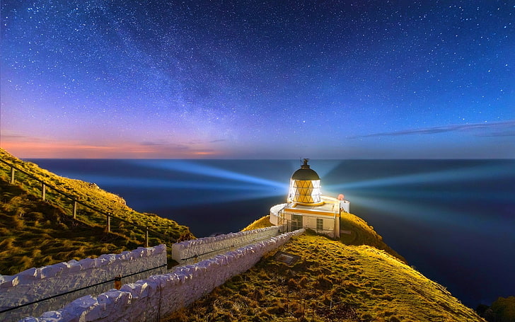 grey lighthouse, nature, landscape, lighthouse, Scotland, starry night, sea, long exposure, UK, coast, HD wallpaper