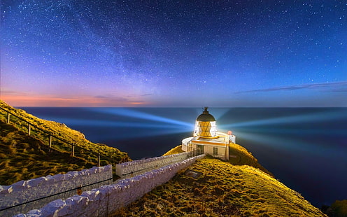 grey lighthouse, nature, landscape, lighthouse, Scotland, starry night, sea, long exposure, UK, coast, HD wallpaper HD wallpaper