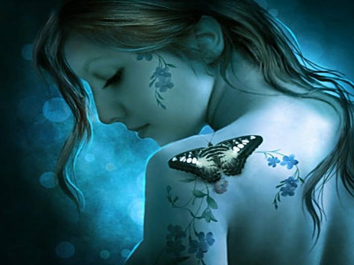 Татуировка HD, жена с флорална татуировка на гърба и пеперуда, фантазия, татуировка, HD тапет