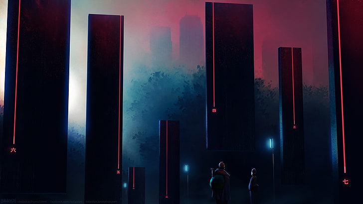 black and red buildings game wallpaper, pillar, structure, red, black, cyberpunk, Monolith, HD wallpaper