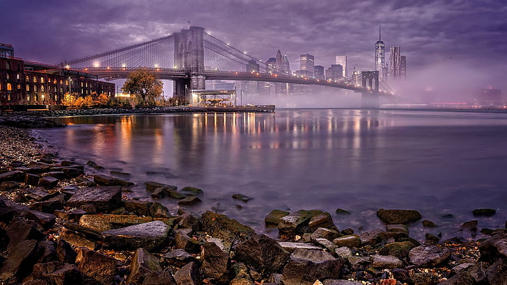 градски пейзаж, Долен Манхатън, Манхатън, Бруклински мост, лилав градски пейзаж, Ню Йорк, мост, САЩ, река, силует, Ню Йорк, Ню Йорк, САЩ, мъгла, мъглив, HD тапет