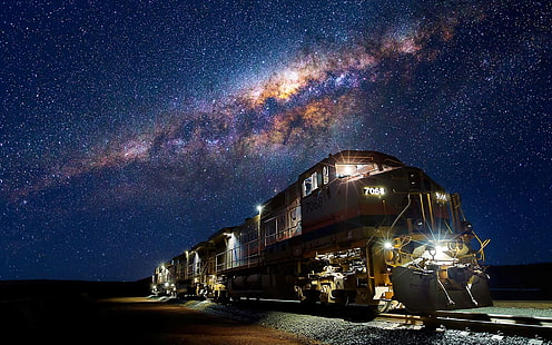 treno sotto carta da parati digitale notte stellata, Via Lattea, stelle, treno, notte, locomotiva diesel, Sfondo HD HD wallpaper