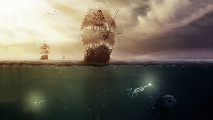 stridsfartyg med fisk under havet illustration, konstverk, segelfartyg, hav, moln, pirater, havsfisk, blixtar, under vattnet, bubblor, fantasikonst, solstrålar, havsmonster, horisont, skalle, HD tapet