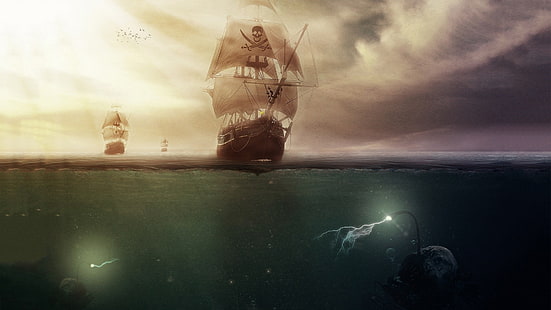 barcos de batalla con peces bajo el mar ilustración, ilustraciones, velero, mar, nubes, piratas, rape, relámpagos, bajo el agua, burbujas, arte de fantasía, rayos de sol, monstruos marinos, horizonte, cráneo, Fondo de pantalla HD HD wallpaper