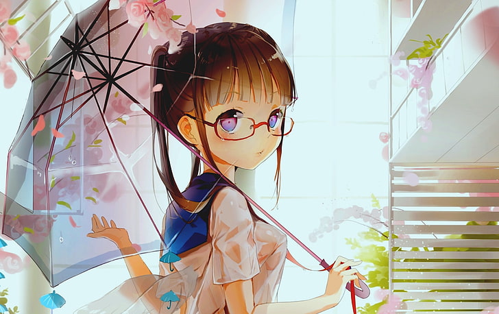 Girl Glasses And Umbrella, woman holding umbrella anime digital wallpaper, Anime / Animated, , cute, flowers, girls, anime, umbrella, glasses, HD wallpaper