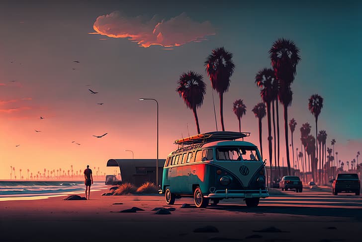 AI art, Volkswagen, buses, surfing, beach, sunset, palm trees, HD wallpaper