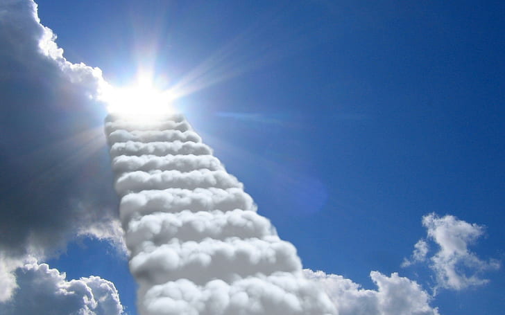 Солнце, небо, облака, лестница, цифровое искусство, фото манипуляции, HD обои
