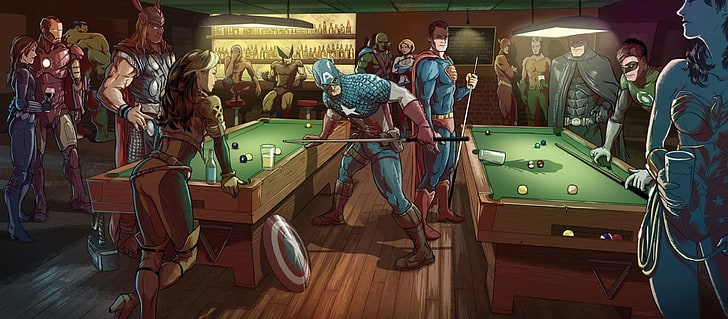 خلفية الأبطال الخارقين ، كابتن أمريكا ، سوبرمان وثور يلعبان البلياردو التوضيح ، كاريكاتير ، دي سي كوميكس ، مارفيل كوميكس ، الرجل الحديدي ، هالك ، ثور ، سبايدر مان ، ولفيرين ، كابتن أمريكا: الشتاء الجندي ، سوبرمان ، فلاش ، أكوامان ، شعار باتمان ، Green Lantern ، Wonder Woman ، Rogue (شخصية) ، Power Girl ، Rogue (X-men)، خلفية HD