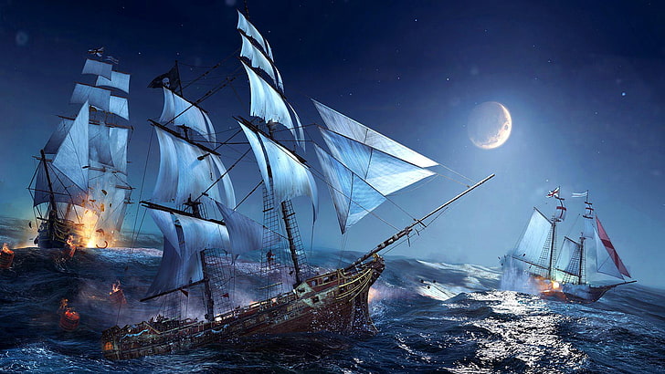 пиратски кораб, фентъзи изкуство, фентъзи, луна, море, вълна, вода, вълни, кораб, HD тапет