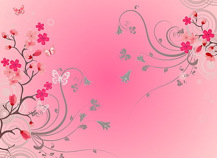 ilustração de flor rosa e cinza, borboleta, flores, fundo, borboletas, HD papel de parede HD wallpaper