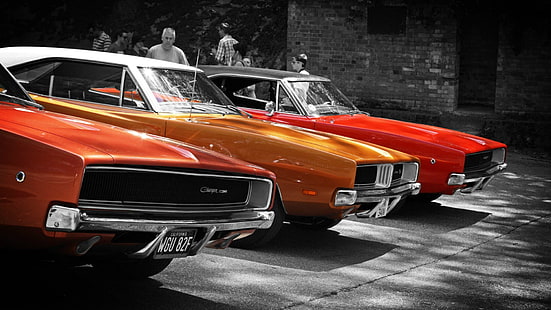 three cars, Dodge Charger, '1969, '1968, Dodge Charger RT SE, HD wallpaper HD wallpaper