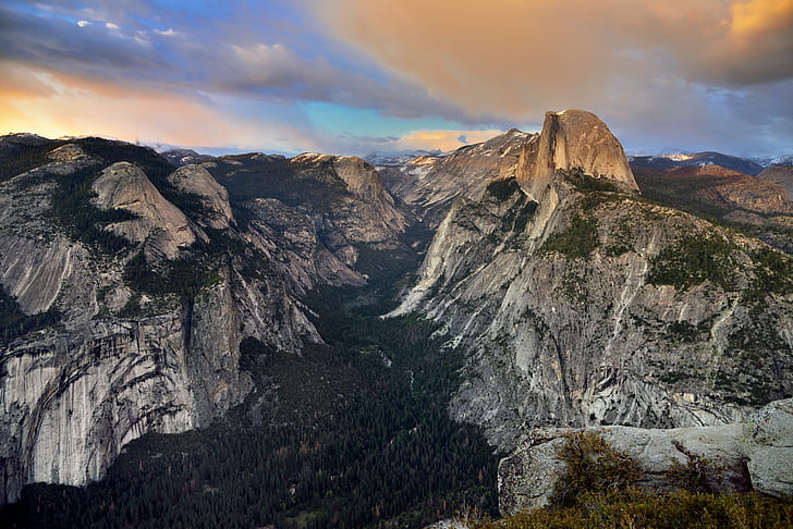 white-and-gray mountains over cloudy sky, Mountain Peaks, Sierra Nevada, Blue Skies, Cloud, white, gray, sky, Nikon D800E, Day 4, Trip, Paso Robles, Yosemite National Park, NE, Glacier Point, Capture, NX2, Edited, Color, Pro, Sunset, Time, Light, Trees, Hillside, Clouds, Outside, Mountains, Distance, Nature, Landscape, Pacific Ranges, Central, Yosemite Valley, Half Dome, Grizzly Peak, Tenaya Canyon, Clouds Rest, Mount Watkins, Basket Dome, North Dome, Washington, Column, Royal Arches, Sunlight, Shining on, Snow, Far, Portfolio, California, United States, mountain, rock - Object, scenics, outdoors, mountain Peak, HD wallpaper