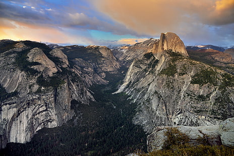 white-and-gray mountains over cloudy sky, Mountain Peaks, Sierra Nevada, Blue Skies, Cloud, white, gray, sky, Nikon D800E, Day 4, Trip, Paso Robles, Yosemite National Park, NE, Glacier Point, Capture, NX2, Edited, Color, Pro, Sunset, Time, Light, Trees, Hillside, Clouds, Outside, Mountains, Distance, Nature, Landscape, Pacific Ranges, Central, Yosemite Valley, Half Dome, Grizzly Peak, Tenaya Canyon, Clouds Rest, Mount Watkins, Basket Dome, North Dome, Washington, Column, Royal Arches, Sunlight, Shining on, Snow, Far, Portfolio, California, United States, mountain, rock - Object, scenics, outdoors, mountain Peak, HD wallpaper HD wallpaper