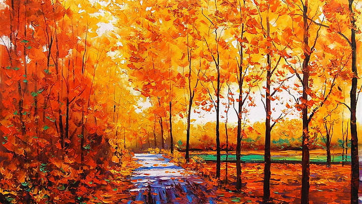 orange trees painting, painting, fall, trees, stream, oil painting, forest, HD wallpaper