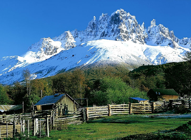 fence, mountains, trees, grass, snowy peak, Chile, Patagonia, hut, morning, nature, landscape, HD wallpaper