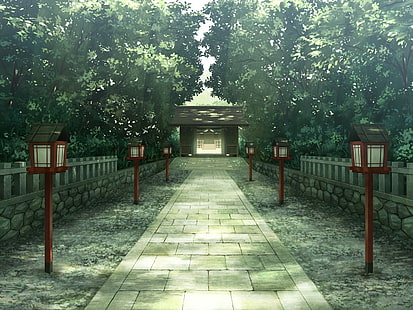 tempel, landskap, träd, helgedom, anime, HD tapet HD wallpaper