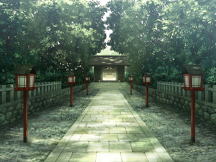 red street lamps, trees, temple, shrine, landscape, anime, HD wallpaper