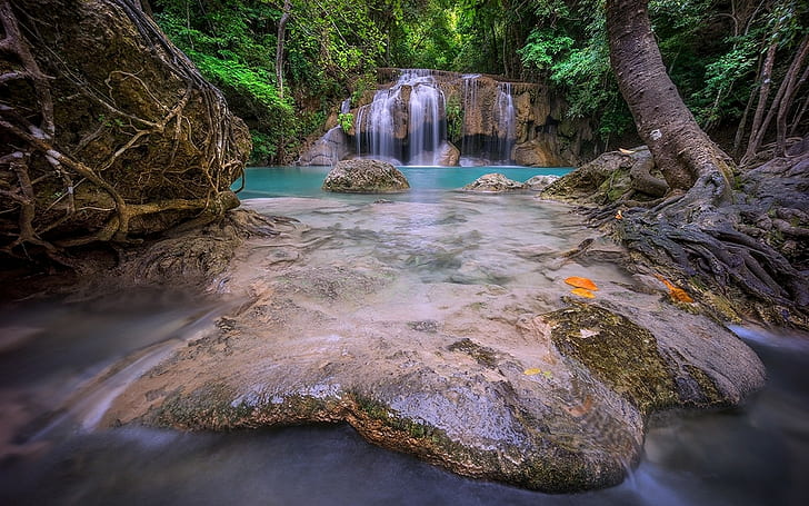 naturaleza, paisaje, Tailandia, cascada, bosque, raíces, follaje, verde, turquesa, tropical, Fondo de pantalla HD