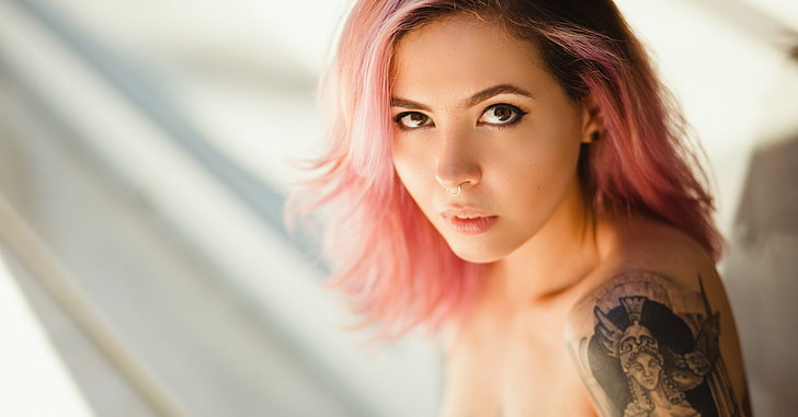 women, face, portrait, tattoo, nose rings, dyed hair, HD wallpaper