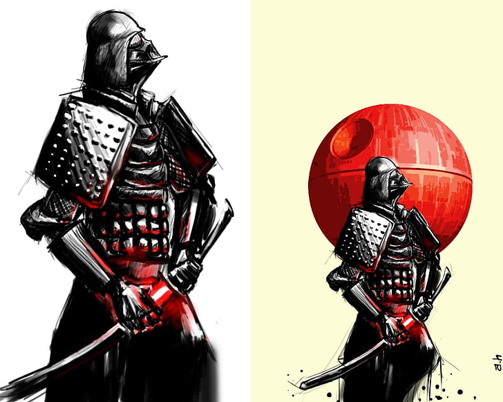 Anime Charakter Malerei Wallpaper, Star Wars, Samurai, Darth Vader, Todesstern, Schwert, Kunstwerk, Collage, HD-Hintergrundbild