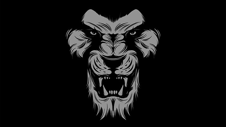 black, lion, art, graphics, fictional character, head, monochrome, animal, big cat, logo, drawing, roar, HD wallpaper