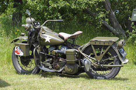 olive-green cruiser motorcycle, grass, model, war, motorcycle, military, Harley-Davidson, world, Second, times, 1942., WLA, &quot;Liberator&quot;, HD wallpaper HD wallpaper