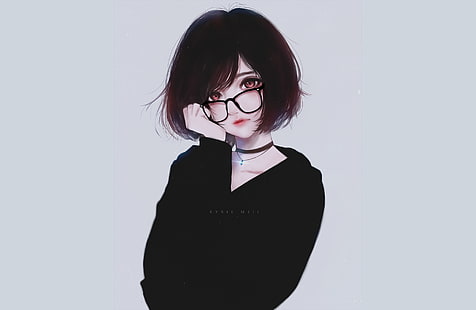 female anime character wallpaper, anime, anime girls, original characters, Kyrie Meii, short hair, brunette, glasses, red eyes, artwork, HD wallpaper HD wallpaper