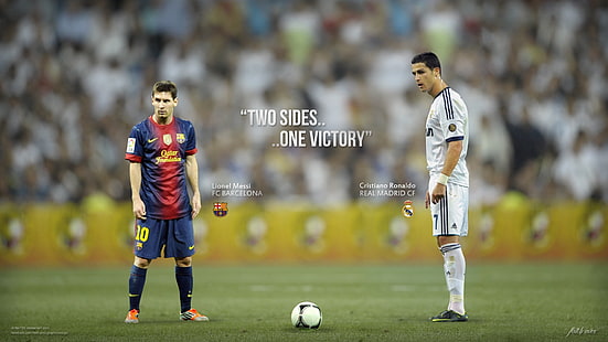 męska biało-czarna koszulka piłkarska, Ronaldo, El Clasico, FC Barcelona, ​​Real Madryt, piłka nożna, Lionel Messi, Tapety HD HD wallpaper