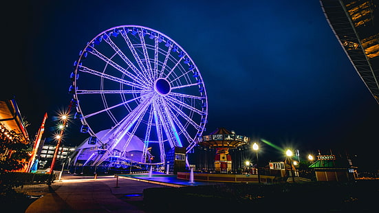 illuminated, ferris wheel, landmark, amusement ride, amusement park, tourist attraction, blue lights, blue, night, light, lighting, city, HD wallpaper HD wallpaper